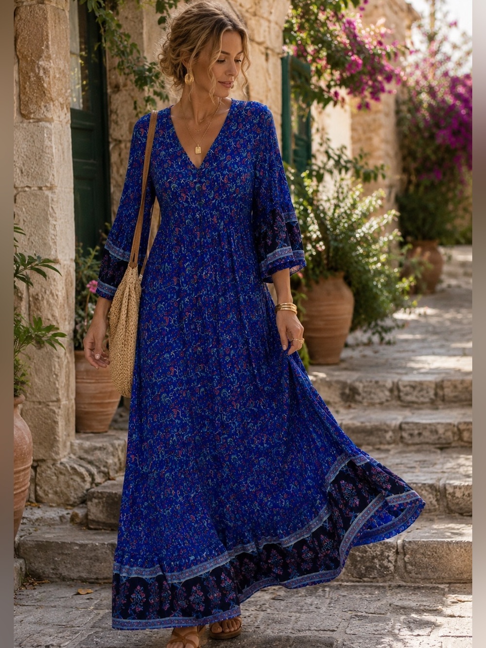 Women's Blue Paisley V-Neck Maxi Dress